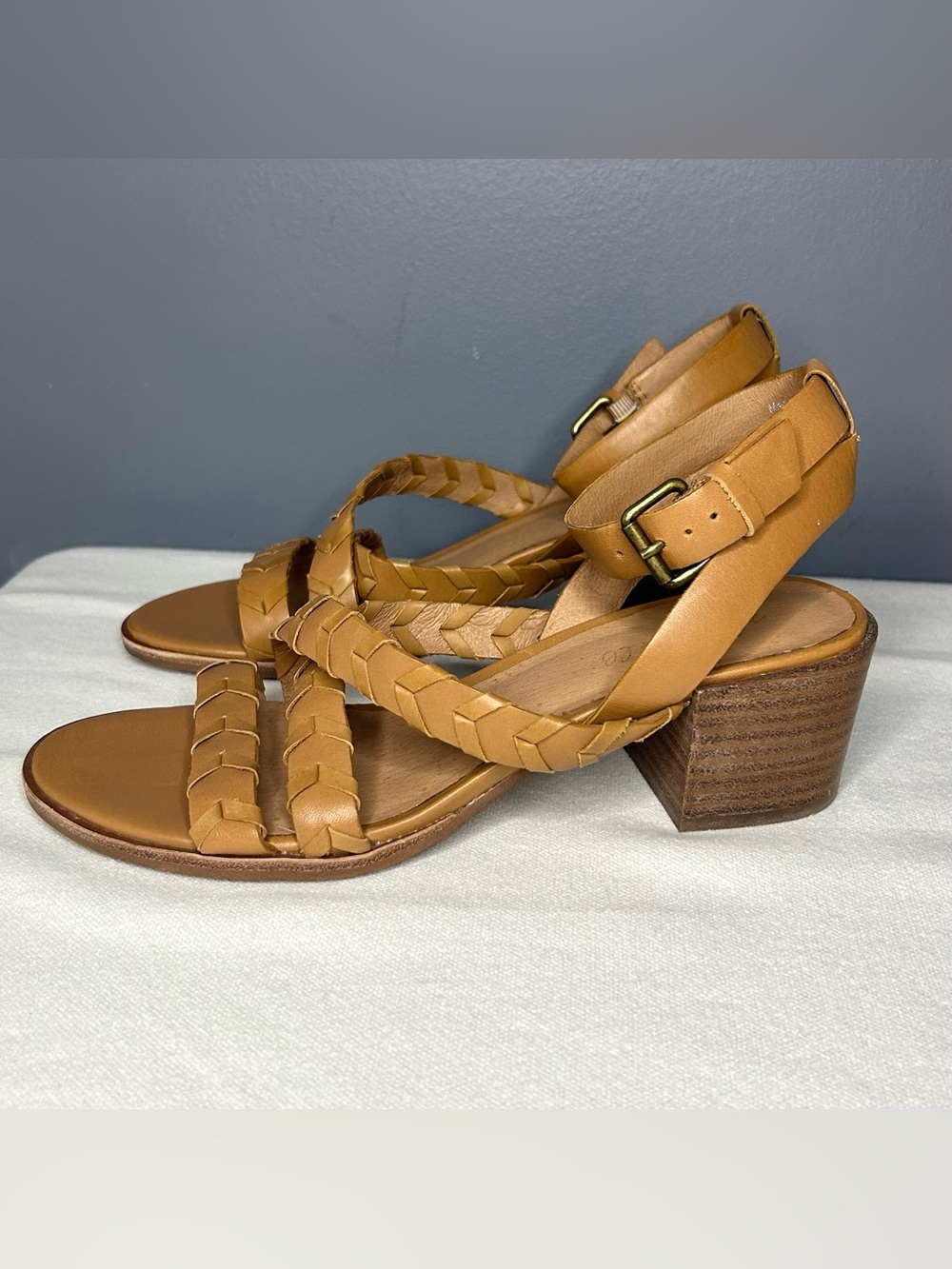 Madewell Marta Whipstitch Sandals 8.5 / 39 Tan Brown Leather Braided Block Heel